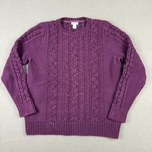LL Bean Sweater Multi Cable Knit Raspberry‎ W's L Chunky NC Cotton Crew 298839